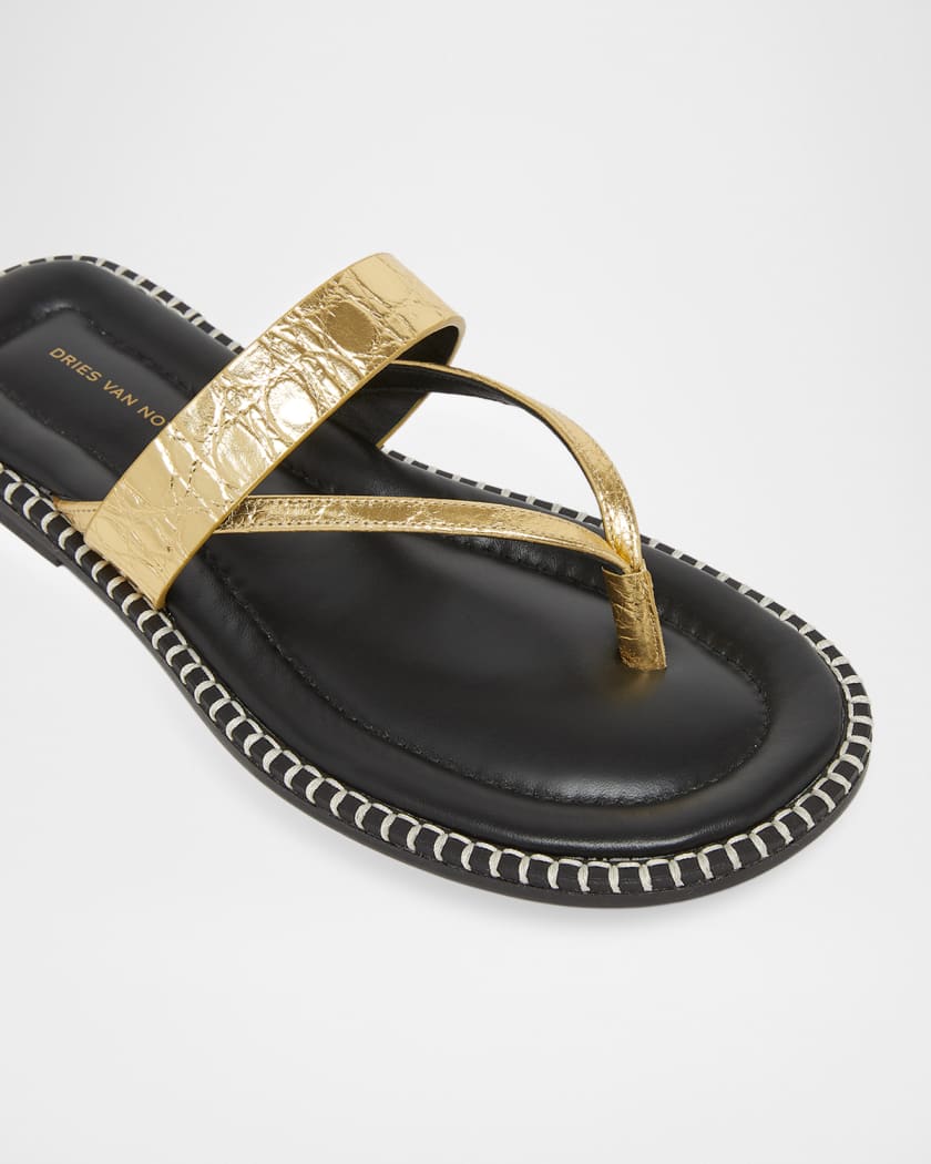 Dries Van Noten Whipstitch Croc-Embossed Metallic Leather Thong