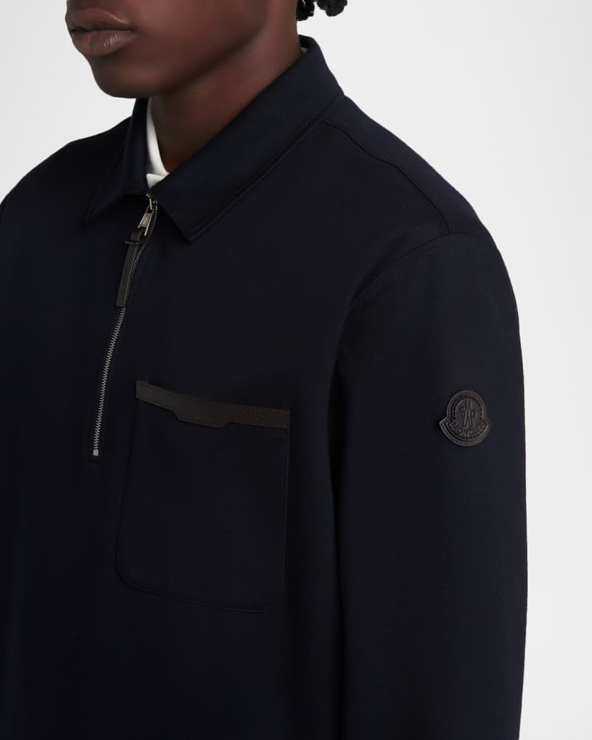 Moncler Men's Cotton Quarter-Zip Sweater with Leather-Trim Pocket