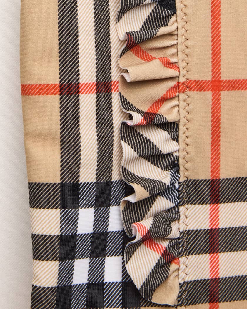 Burberry Girl's Tilly Ruffle-Trim Check One-Piece Swimsuit, Size