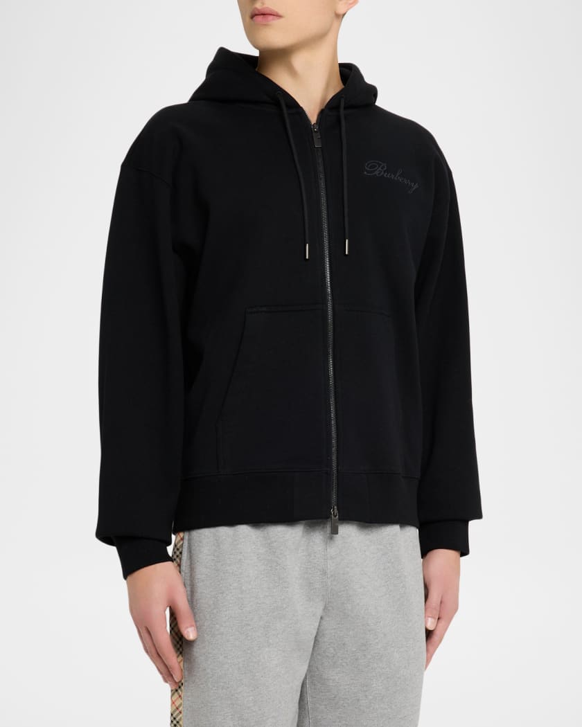 Burberry Men's Check Cursive Logo Cotton Full-Zip Hoodie | Neiman