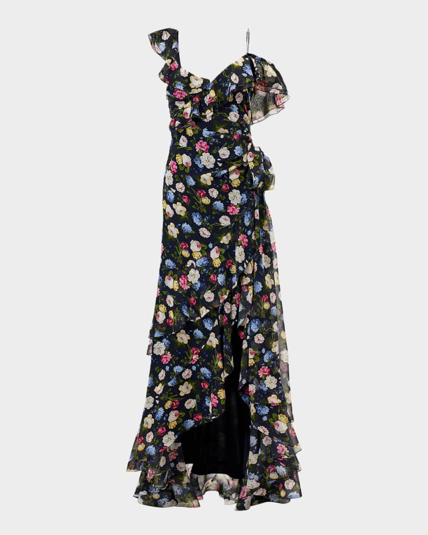 floral ruffle asymmetric silk dress Camilla Women's Floral Ruffle Silk Slipdress - Blue
