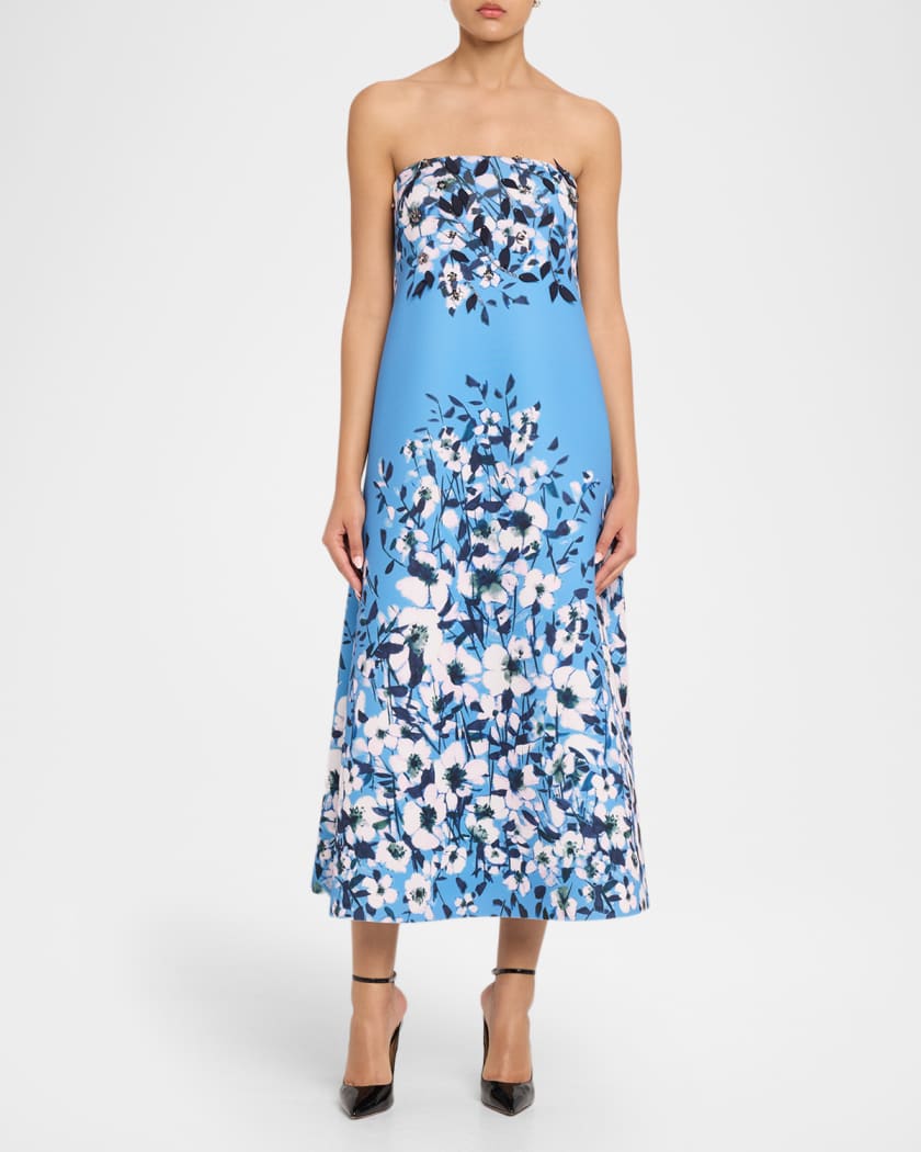 Aidan Mattox Strapless Floral-Print Scuba Midi Dress | Neiman Marcus
