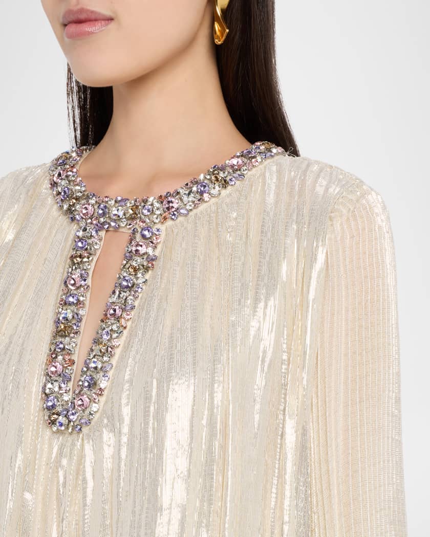 Self-Portrait Pleated Metallic Maxi Dress with Ombre Feather Cuffs | Neiman  Marcus