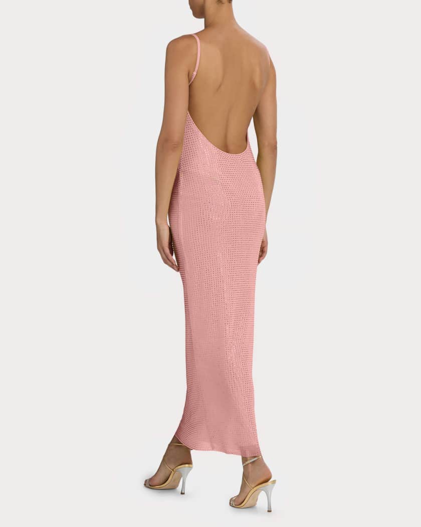 AREA Crystal Hotfix Mesh Backless Maxi Dress | Neiman Marcus