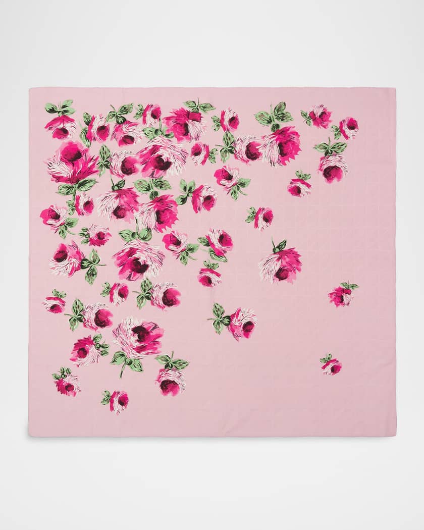 PRADA フラワー柄スカーフ ピンク Prada Rose-Print Crepe De Chine Jacquard Scarf, 35