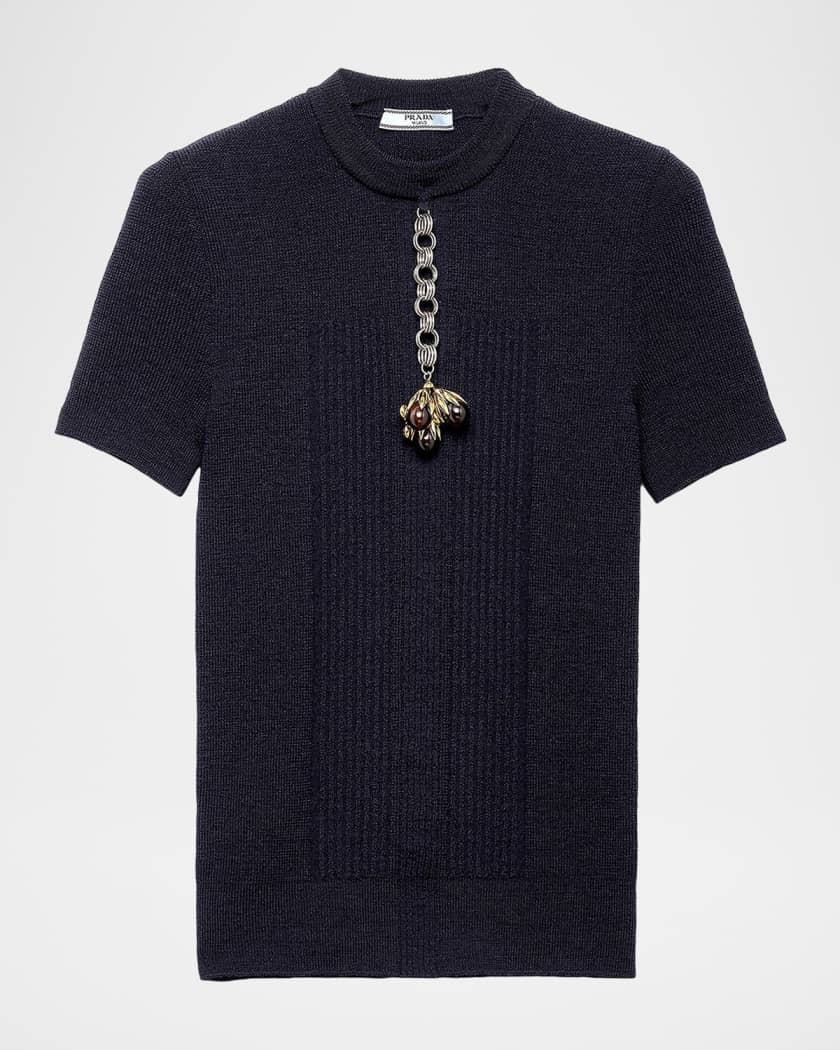 Prada Short-Sleeved Wool Sweater with Pendant | Neiman Marcus