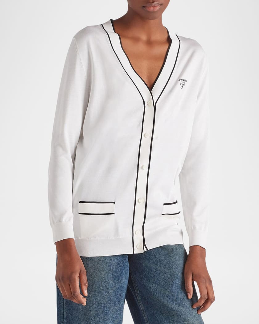 トップス prada wool silk white paint cardigan Prada Contrast-Trim Silk Cardigan | Neiman Marcus