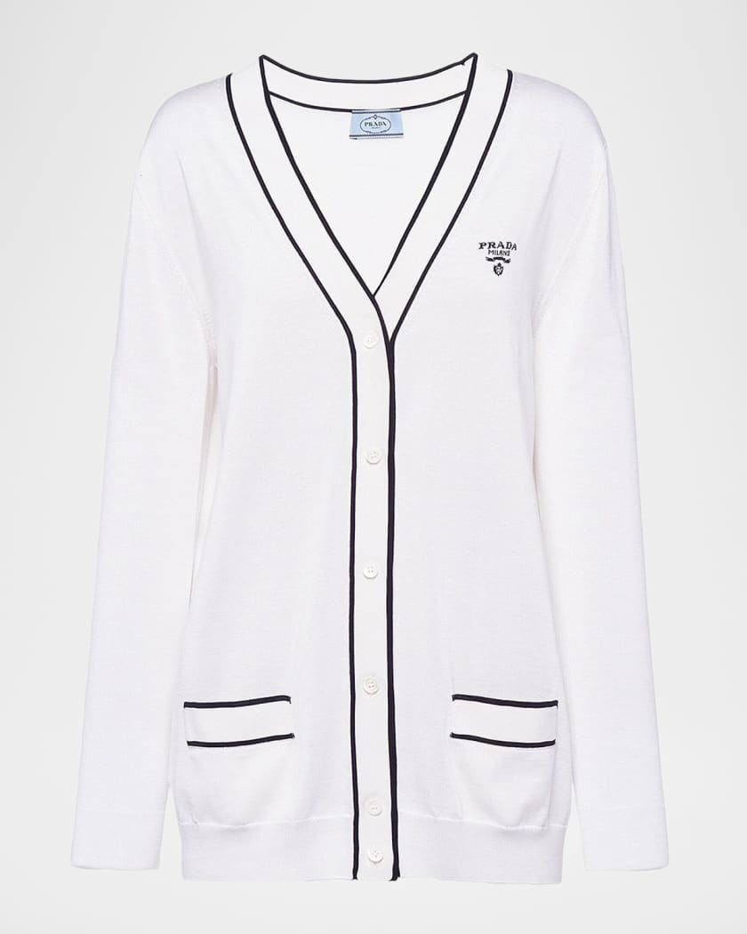 トップス prada wool silk white paint cardigan Prada Contrast-Trim Silk Cardigan | Neiman Marcus
