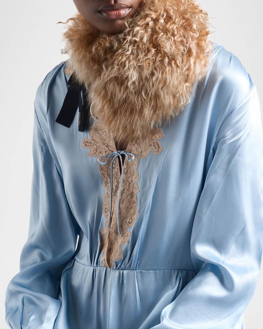 Prada Long Sleeve Satin Crepe and Lace Dress | Neiman Marcus