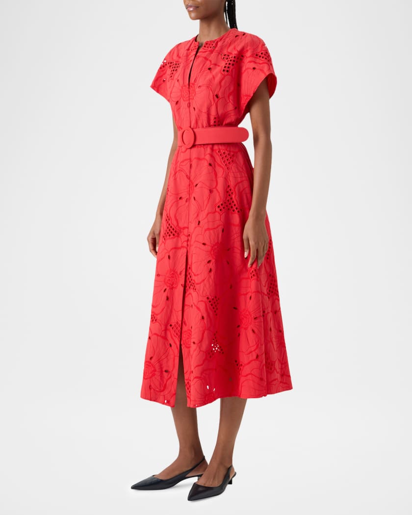 Akris punto Floral Eyelet Embroidered Short-Sleeve Belted Midi