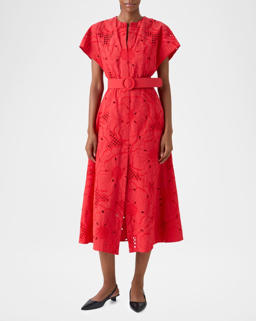アクリス AKRIS punto レッド フレアワンピース Akris punto Floral Eyelet Embroidered Short-Sleeve Belted Midi