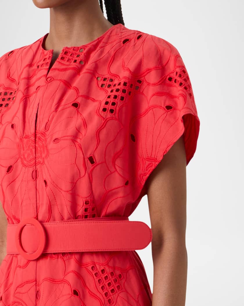Akris punto Floral Eyelet Embroidered Short-Sleeve Belted Midi