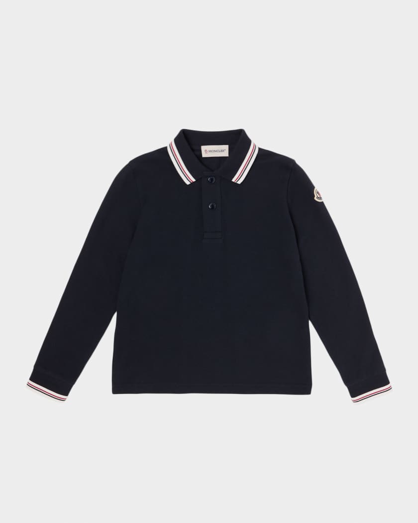 Moncler Boy's Tricolor-Trimmed Long-Sleeve Polo Shirt, Size 4-14