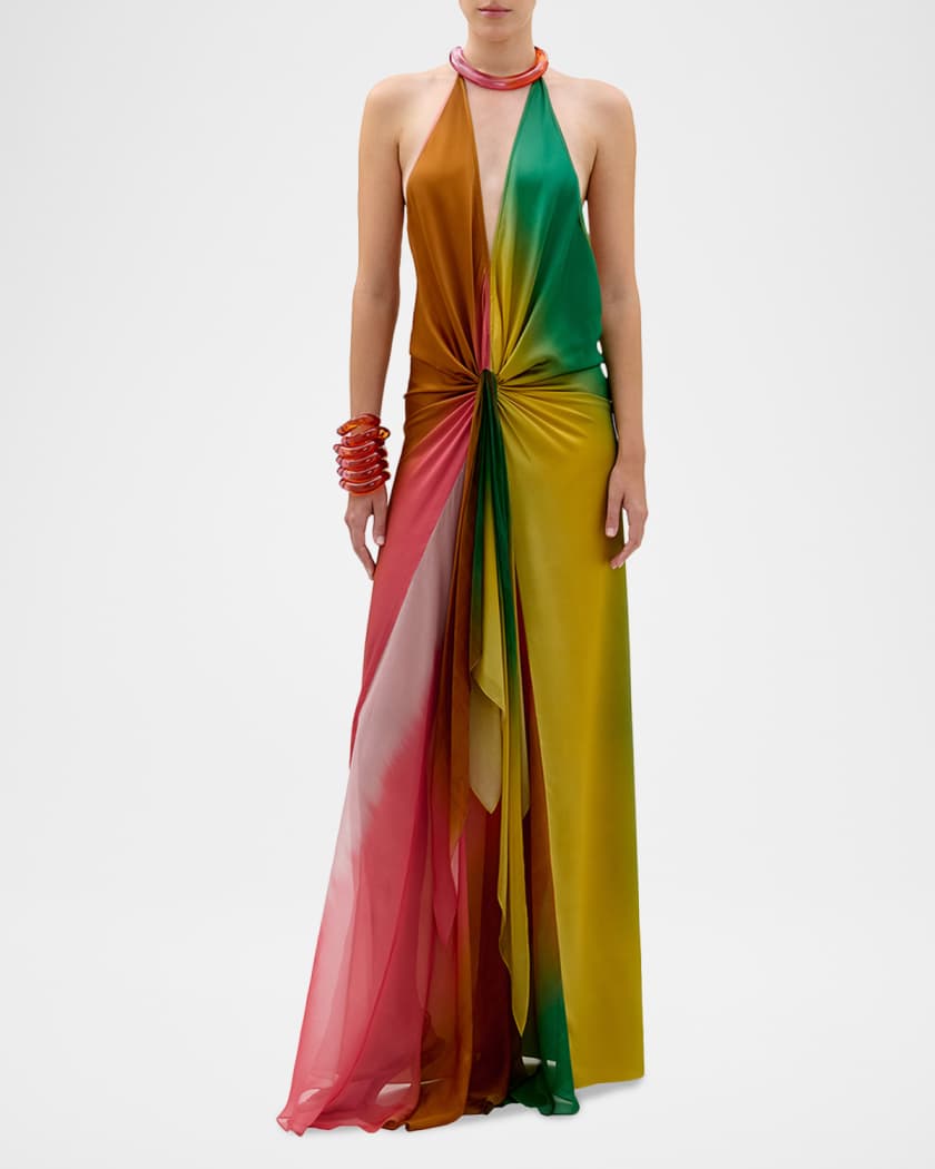 Silvia Tcherassi Dixon Twisted Satin Plunging Halter Maxi Dress, Oasis, Women's, M, Cocktail & Party Wedding Guest Dresses Halter Neck Dresses