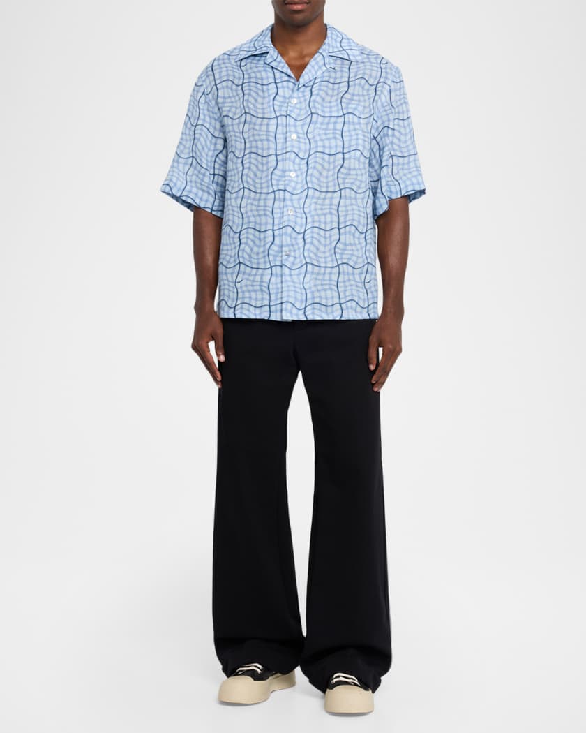 MARNI 迷彩柄　ロングスリーブシャツ Marni Men's Linen Wavy Grid Plaid Short-Sleeve Shirt | Neiman Marcus