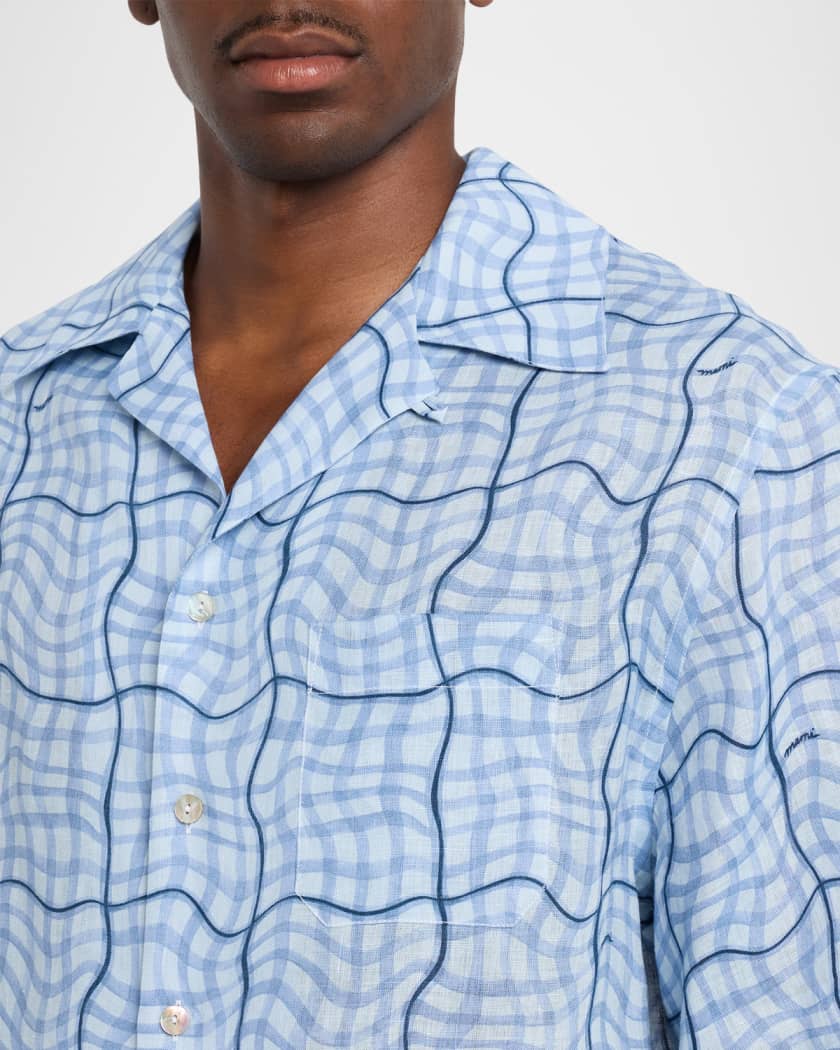 Marni Men's Linen Wavy Grid Plaid Short-Sleeve Shirt | Neiman Marcus