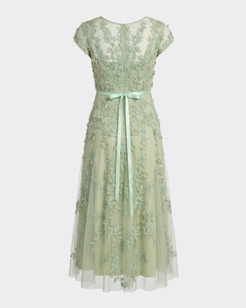 Mac Duggal Floral-Embellished Mesh Midi Dress | Neiman Marcus