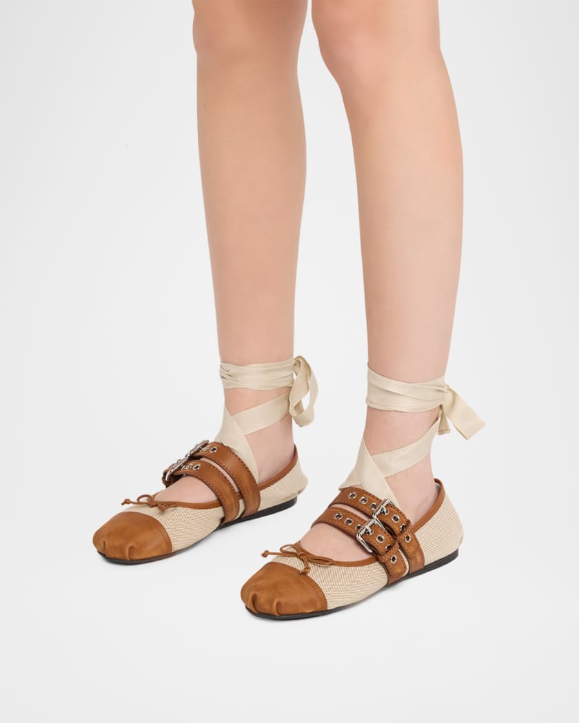 Miu Miu Canvas Leather-Strap Ballerina Flats | Neiman Marcus