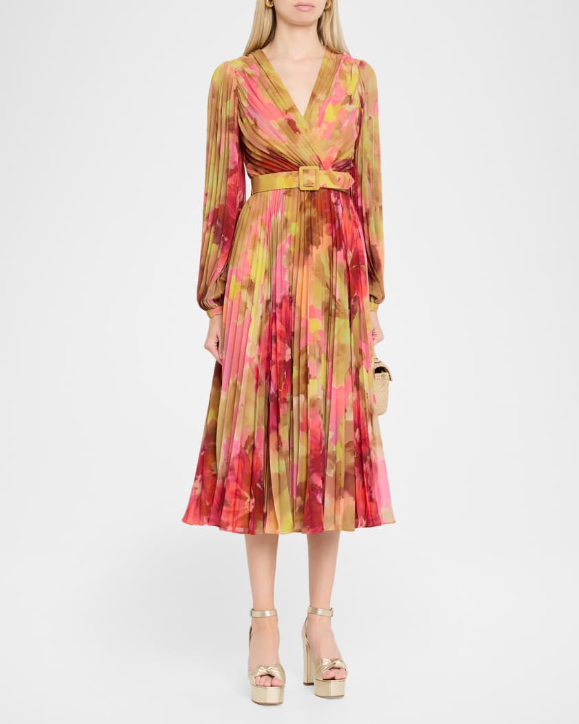 Badgley Mischka Pleated Floral-Print Georgette Midi Dress | Neiman Marcus