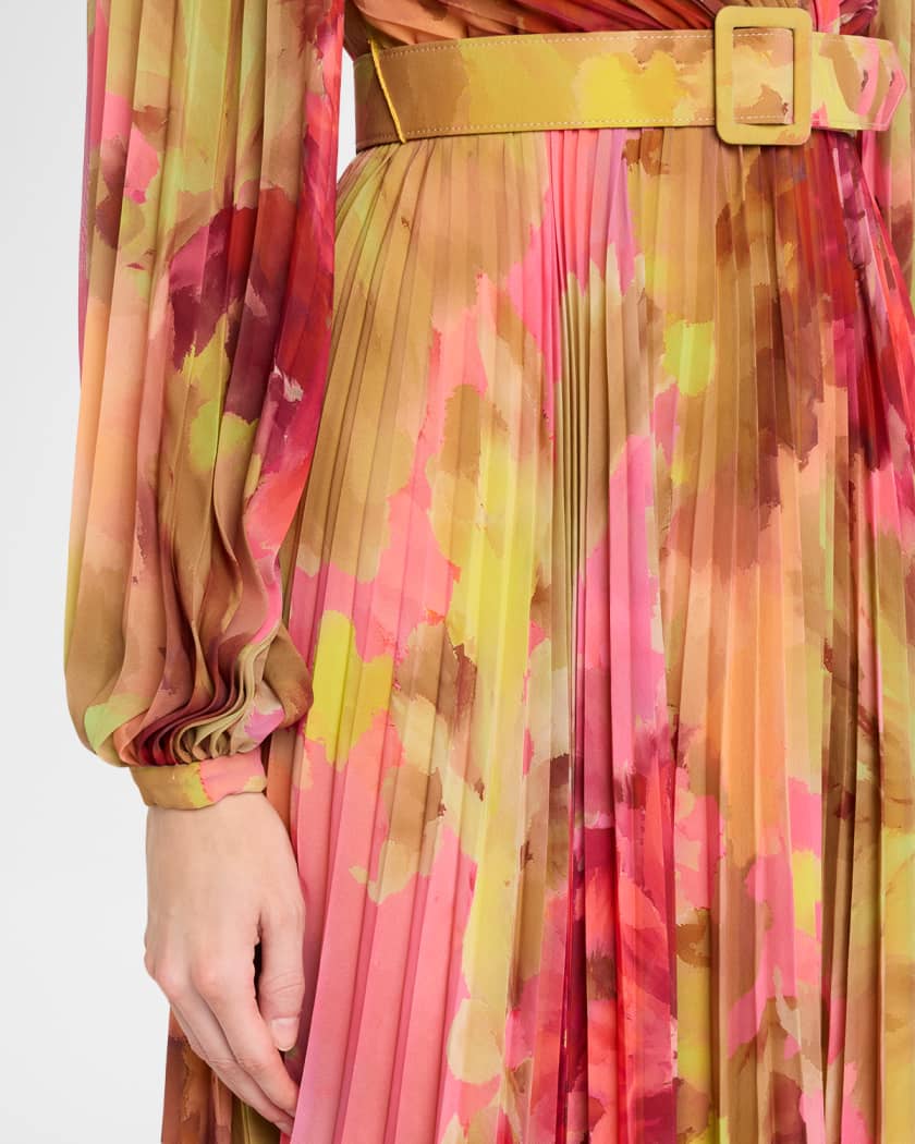 Badgley Mischka Pleated Floral-Print Georgette Midi Dress | Neiman Marcus