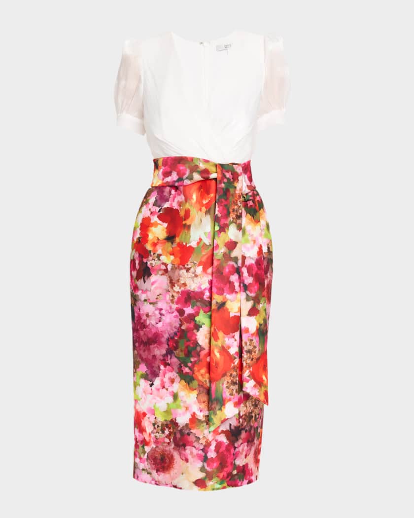 Badgley Mischka Chiffon and Floral-Print Mikado Midi Sheath Dress | Neiman  Marcus