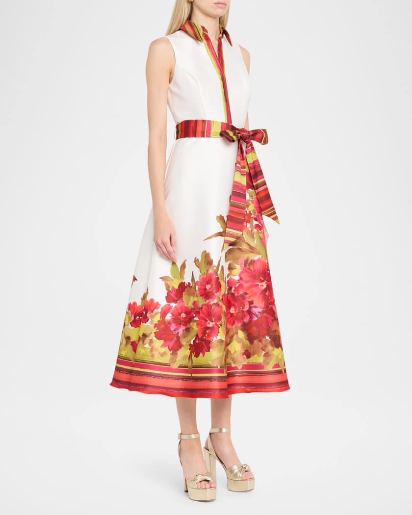 Badgley Mischka Sleeveless Floral-Print Mikado Midi Dress | Neiman Marcus