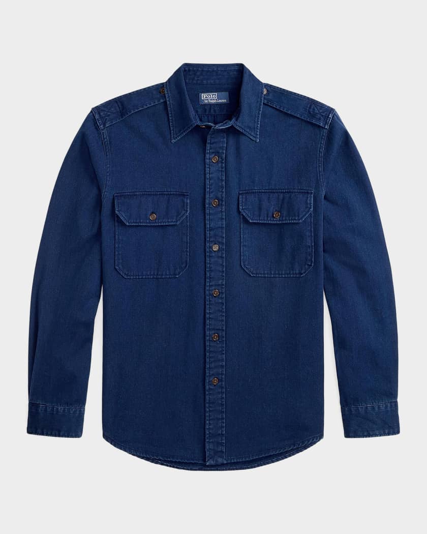 ポロラルフローレン ラッフル トリム デニム シャツ Polo Ralph Lauren Cotton Denim Button-Front Shirt | Neiman Marcus