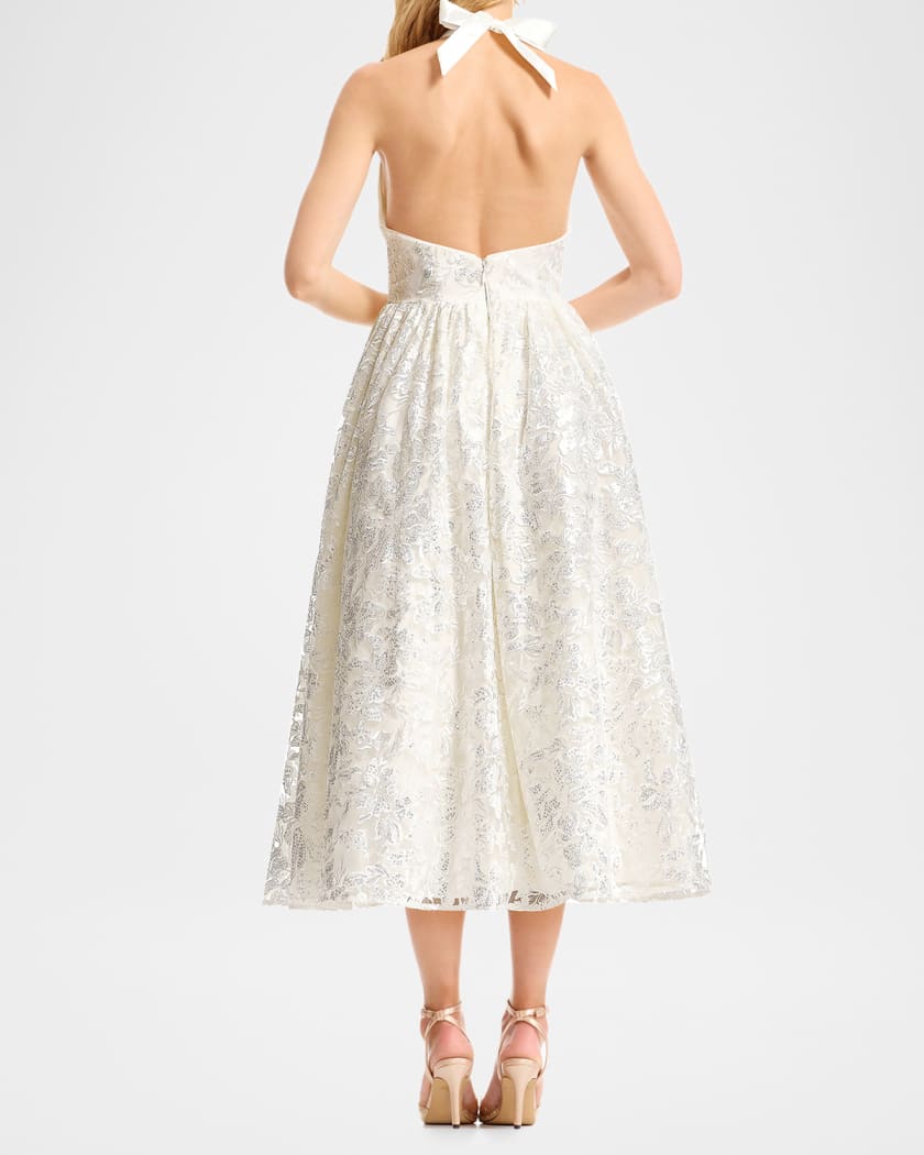 Dress the Population Black Label Sequin-Embroidered Plunging Halter Midi  Dress