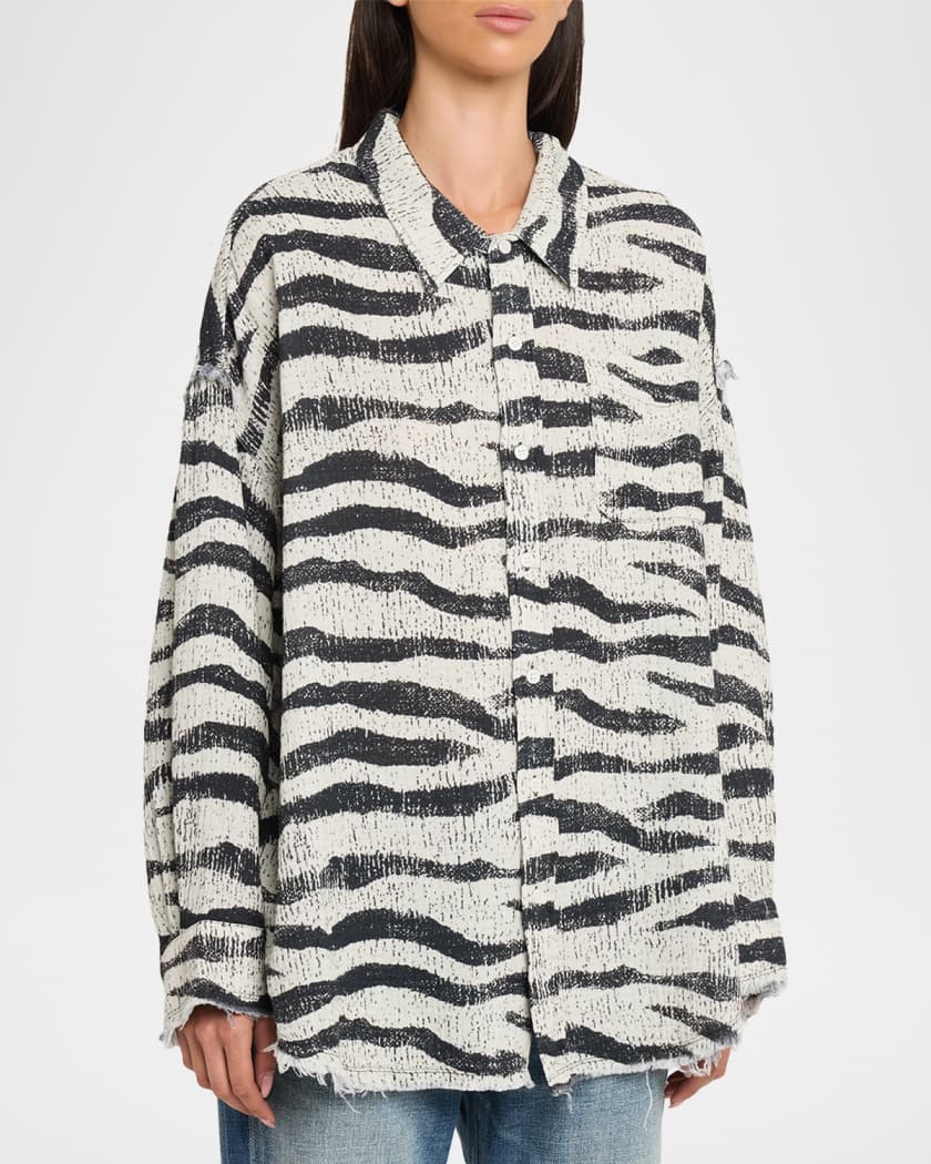 R13 Shredded Seam Drop-Neck Zebra-Print Shirt | Neiman Marcus