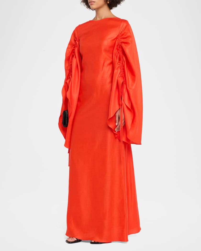 CHRISTOPHER JOHN ROGERS Ruched Shell-Sleeve Bow Backless Maxi Dress