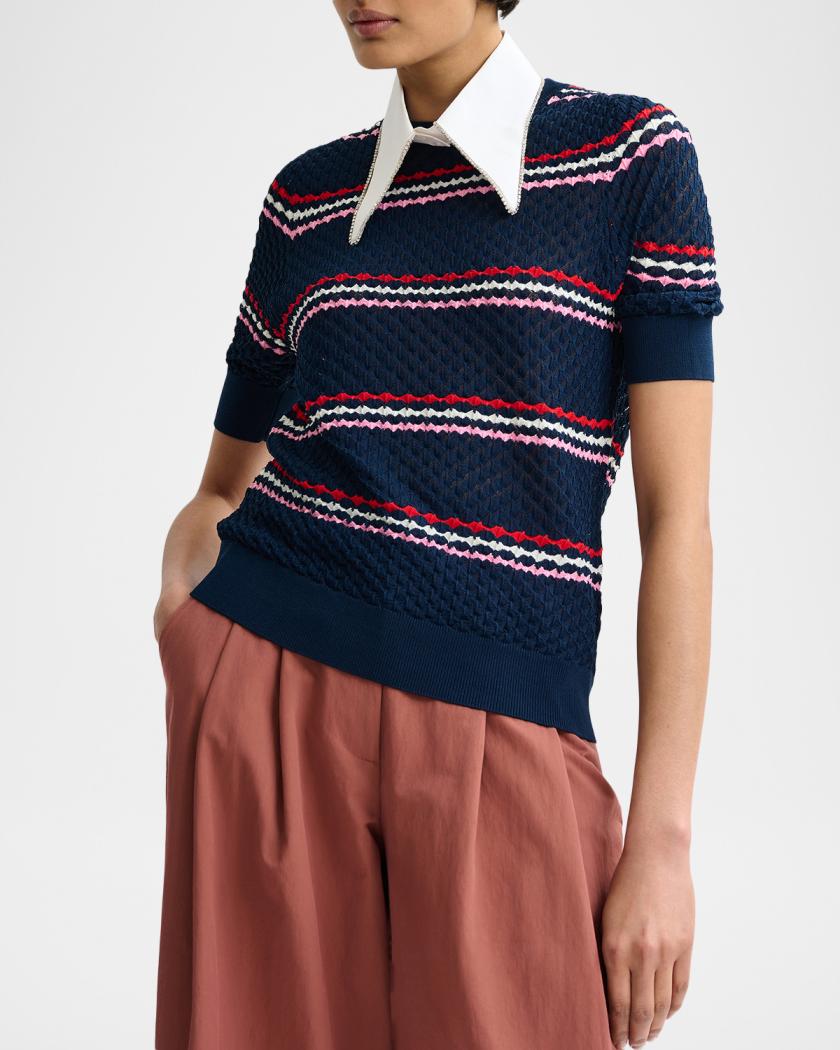 Jantasy Striped Honeycomb Knit Embellished Collar Polo | Neiman Marcus