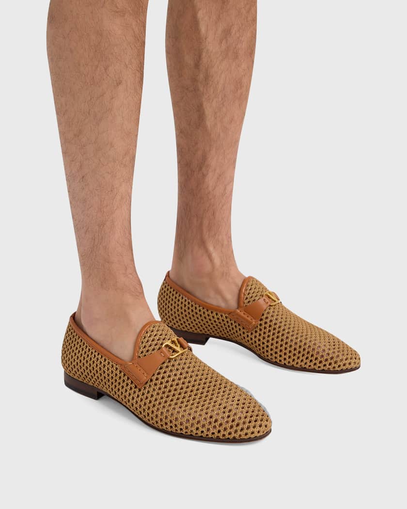 Valentino Garavani Men's V-Logo Raffia-Effect Loafers | Neiman Marcus