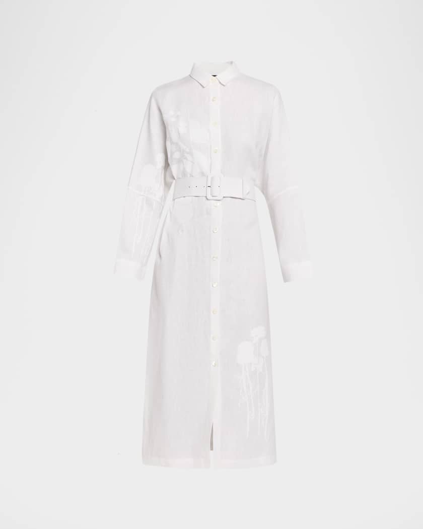 Libertine White On White Hand Silk Screen Belted Linen Shirtdress | Neiman  Marcus