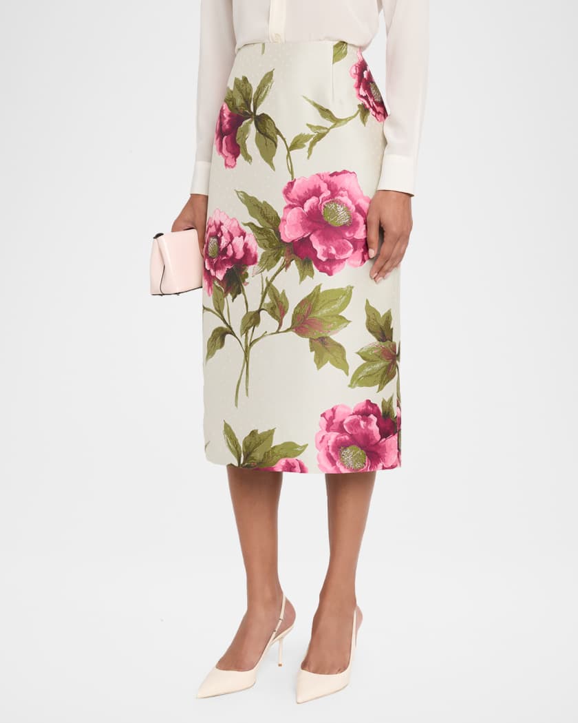 Carolina Herrera Floral Jacquard Midi Pencil Skirt | Neiman Marcus