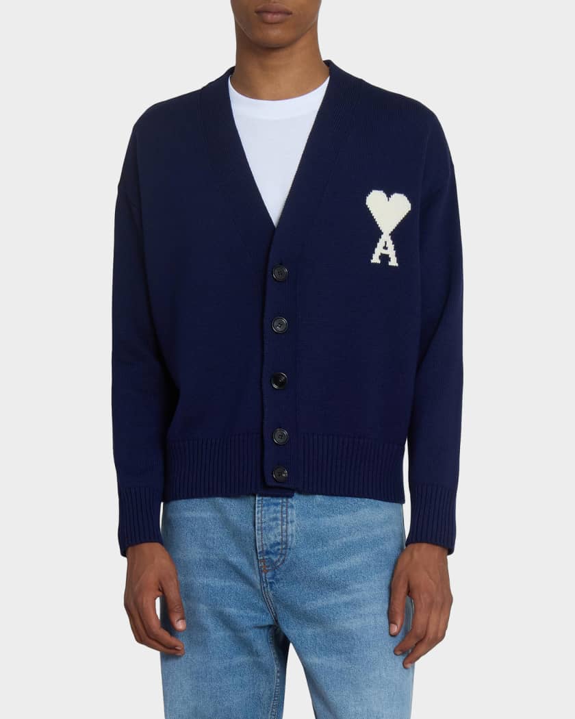 AMI PARIS ネイビー Lメンズ 人気 定番【在庫僅少】 Ami Paris Men's Intarsia Ami De Coeur Wool and Cotton Knit