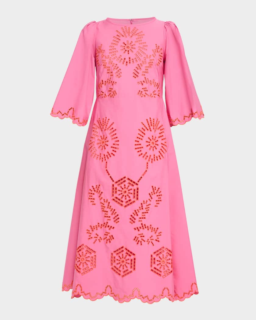 Maison Common Eyelet Embroidered Cotton 3/4-Sleeve Midi Dress | Neiman  Marcus