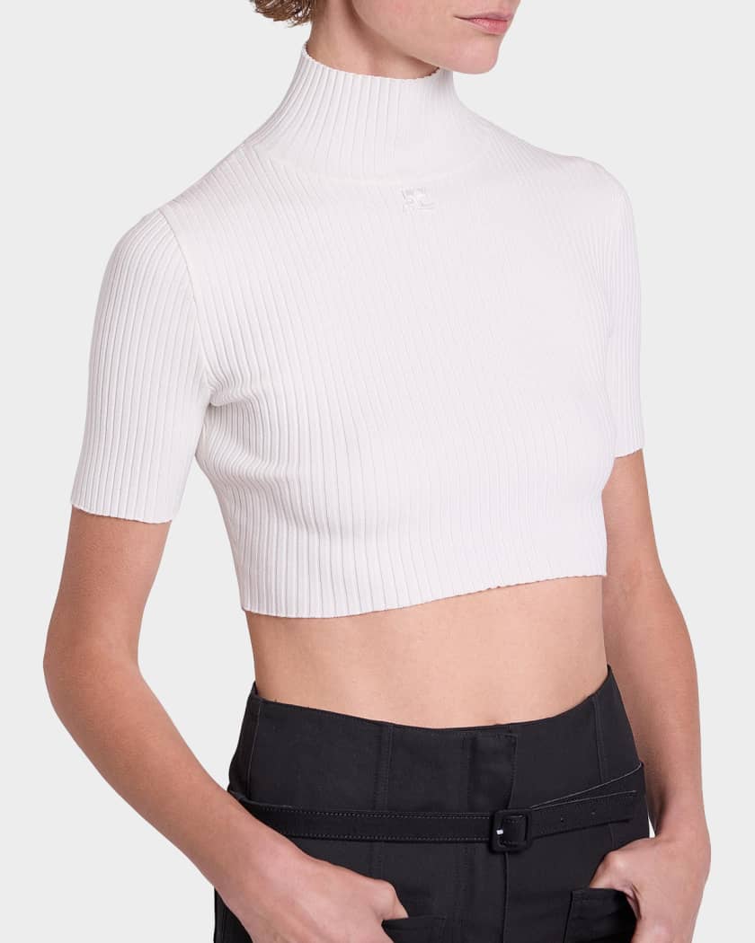 Courreges Mock-Neck Rib Knit Short-Sleeve Crop Sweater | Neiman Marcus