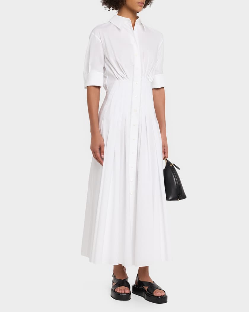 Marni Short-Sleeve Pleated Cotton Poplin Cinched Midi Shirtdress
