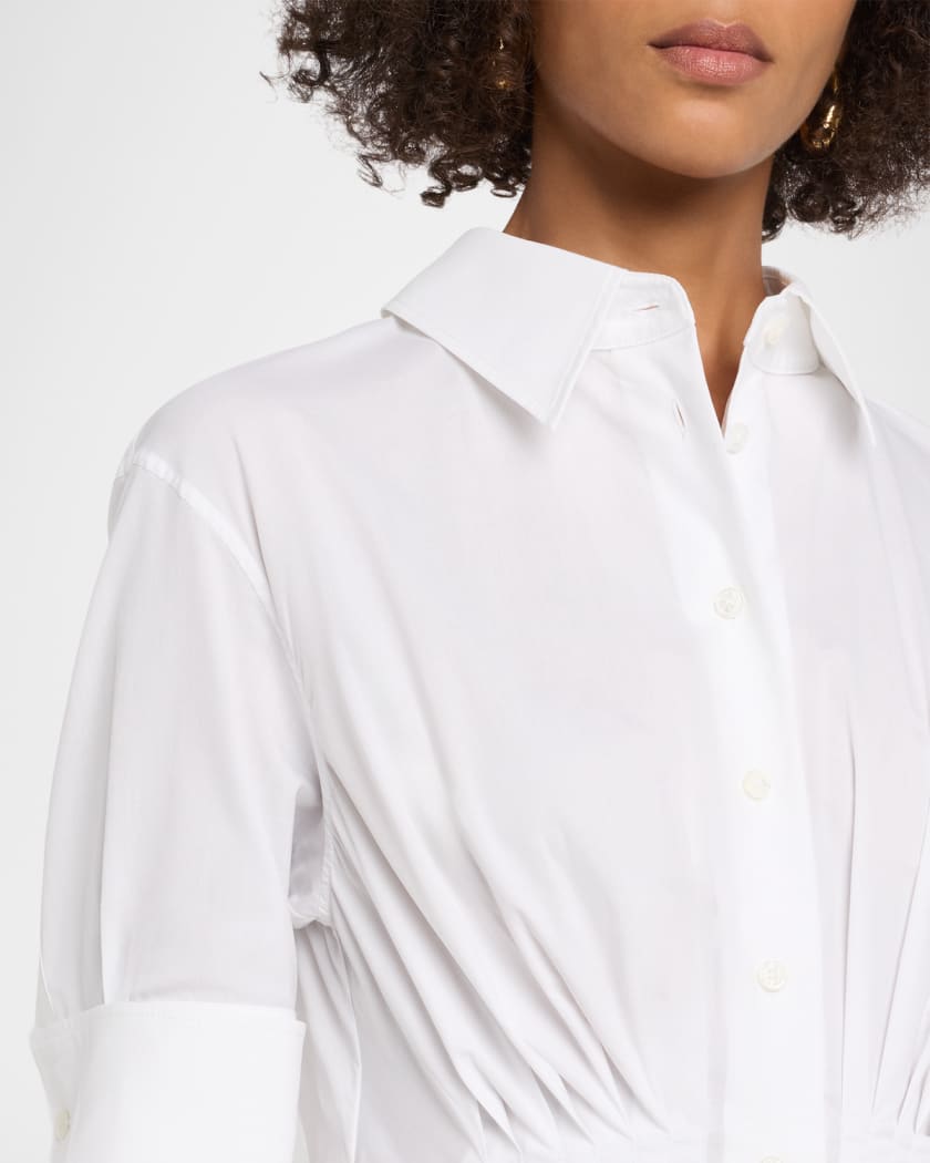 Marni Short-Sleeve Pleated Cotton Poplin Cinched Midi Shirtdress