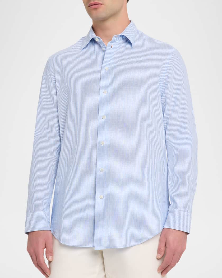 Emporio Armani Men's Cotton and Linen Fine-Stripe Sport Shirt