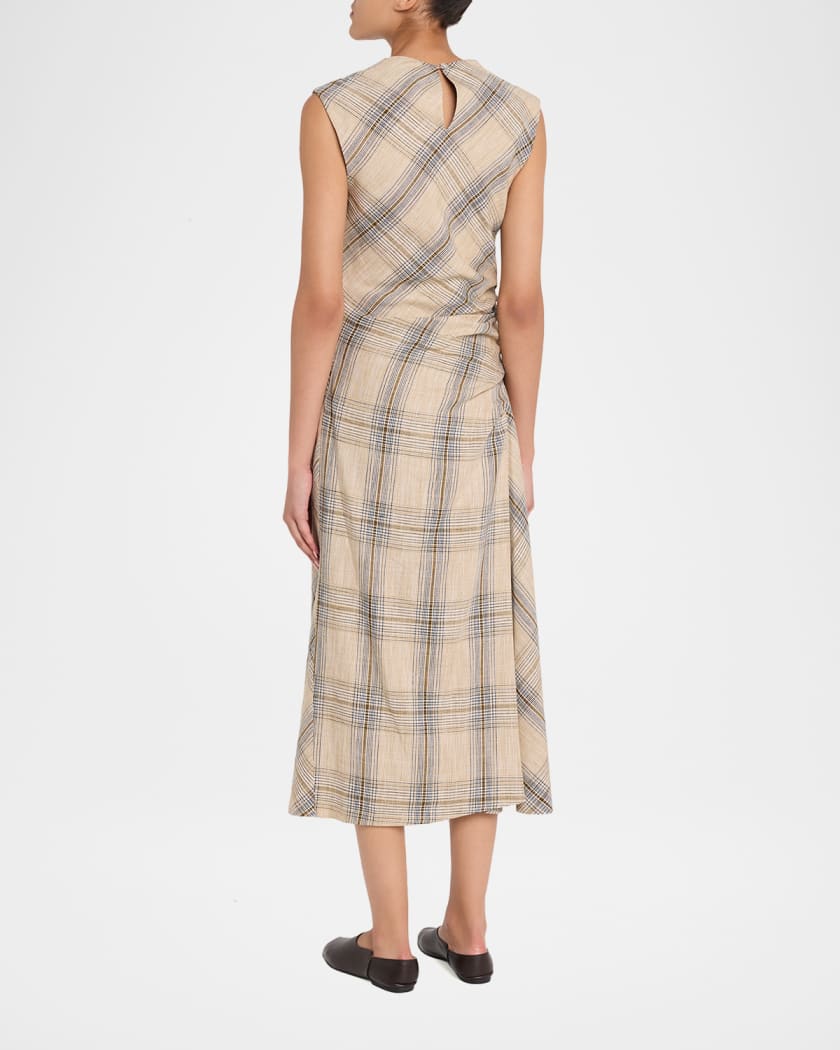 knee length dresses for ladies Chocolate Plaid Burke Sleeveless Draped Midi Dress