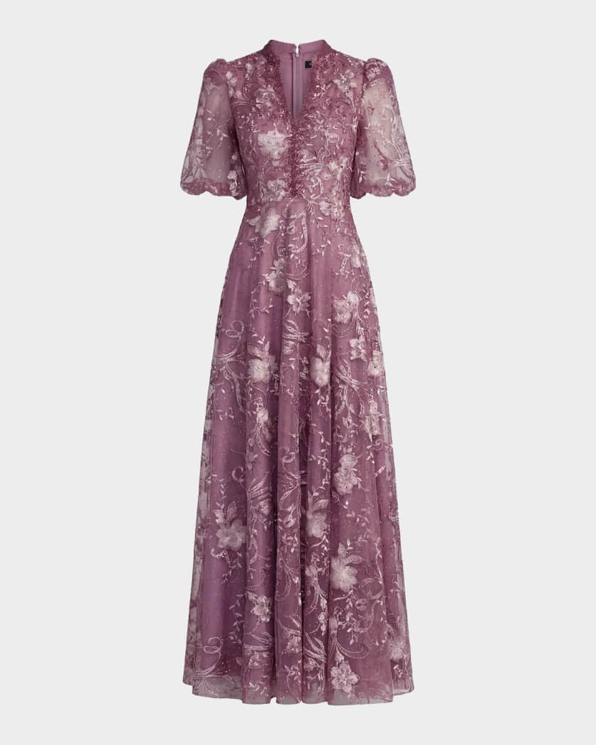 mac duggal pink embroidered flutter sleeve a-line dress Pink Flutter Sleeve Embroidered Midi Dress