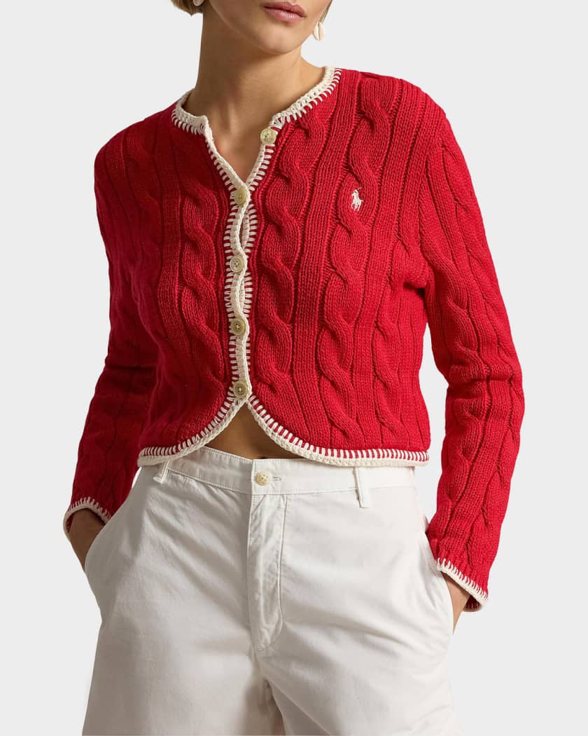 【5/26発送】CROP POLO KNIT CARDIGAN Polo Ralph Lauren Cable-Knit Logo Stretch-Cotton Crop Cardigan