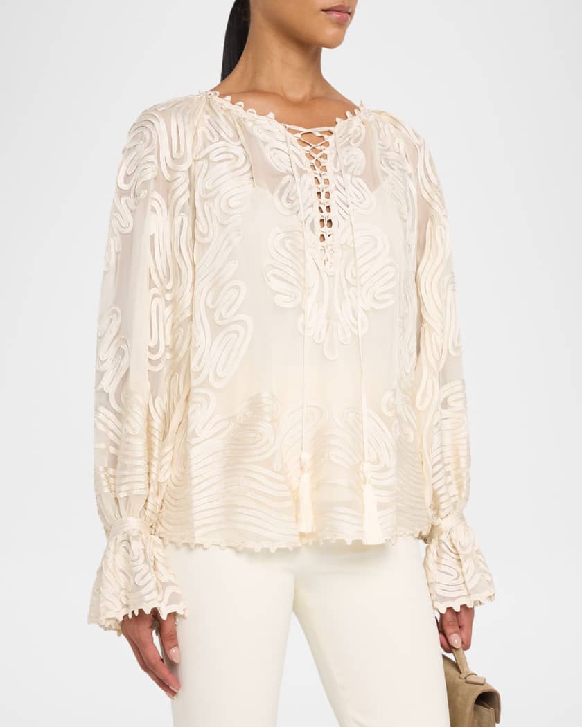 Kobi Halperin Florence Embroidered Lace-Up Blouse | Neiman Marcus