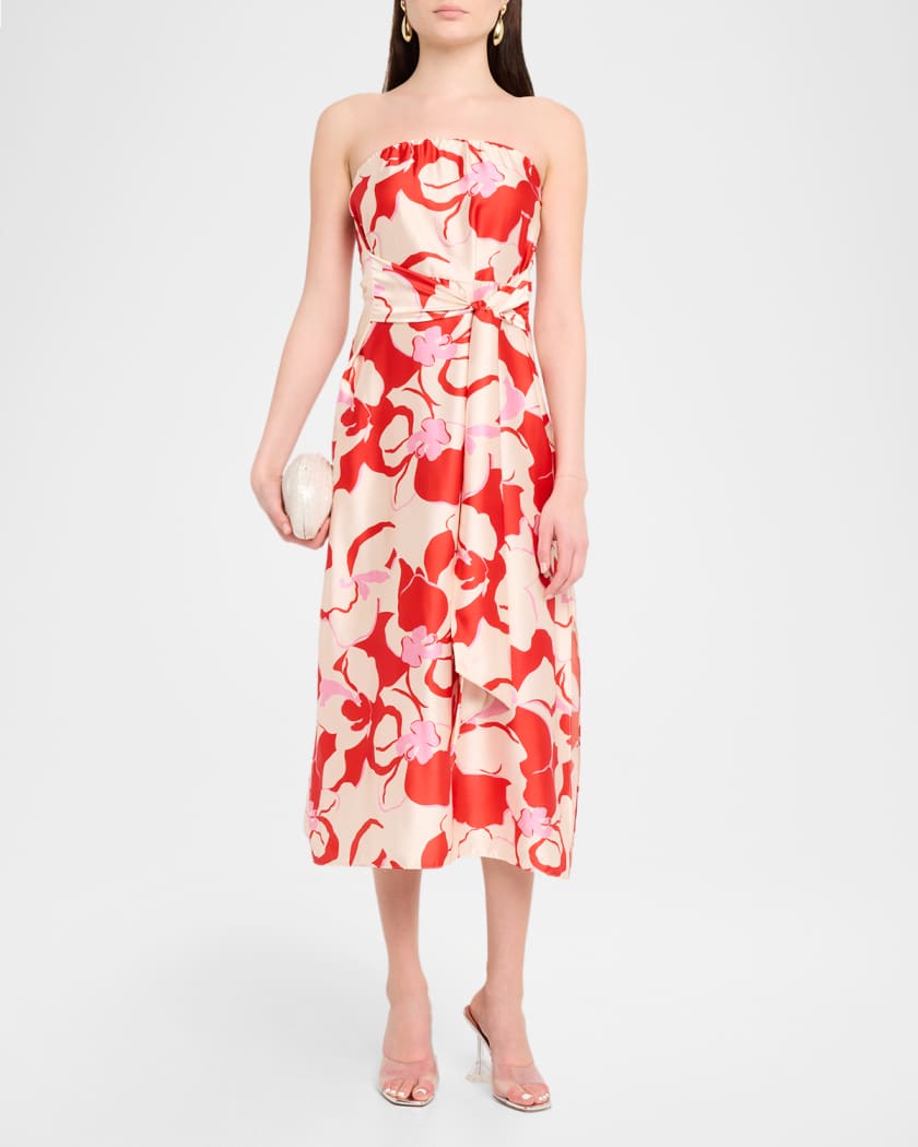 MISA Los Angeles Damalis Strapless Satin Midi Dress | Neiman Marcus