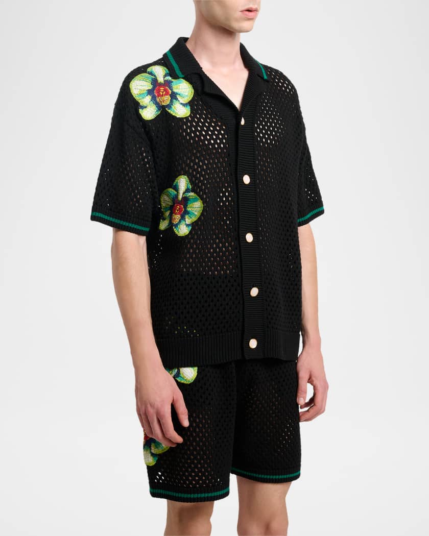 CASABLANCA Men's Orchid Embroidered Crochet Short-Sleeve Cardigan