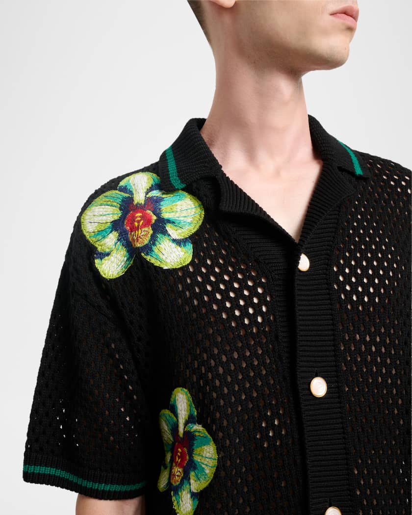 CASABLANCA Men's Orchid Embroidered Crochet Short-Sleeve Cardigan