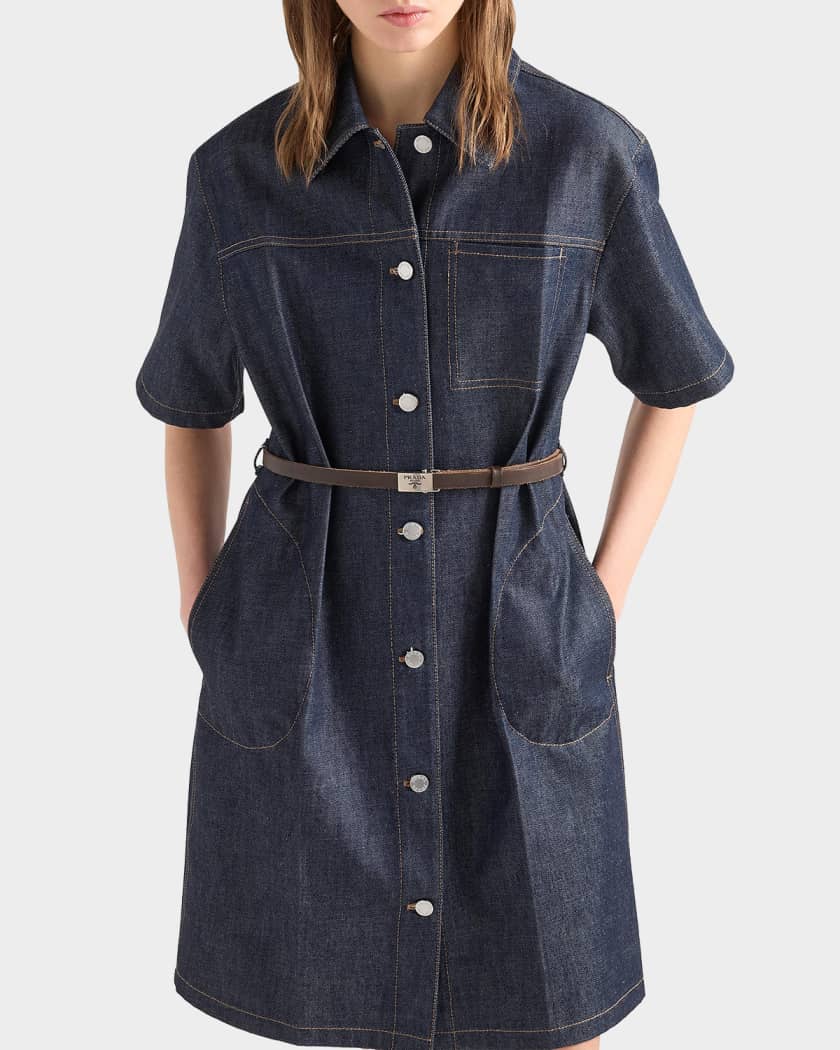 Prada Short-Sleeve Belted Denim Shirtdress | Neiman Marcus