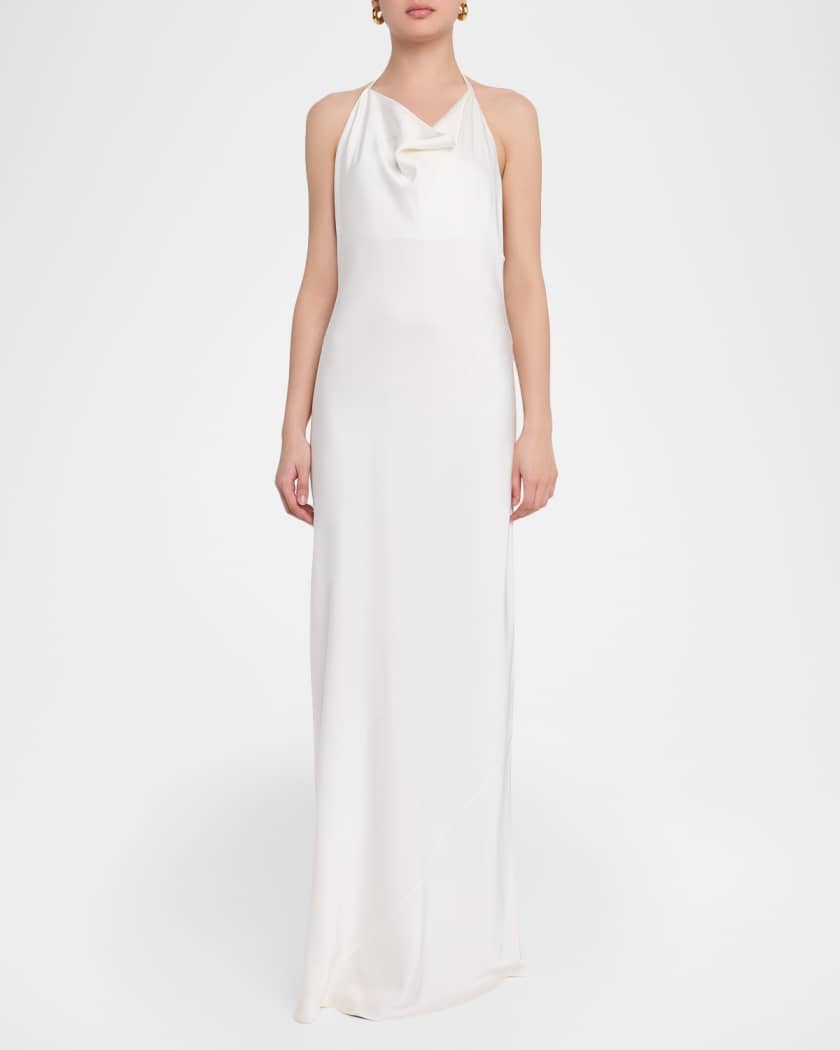 Cowl-Neck Enverse Satin Backless Halter Gown