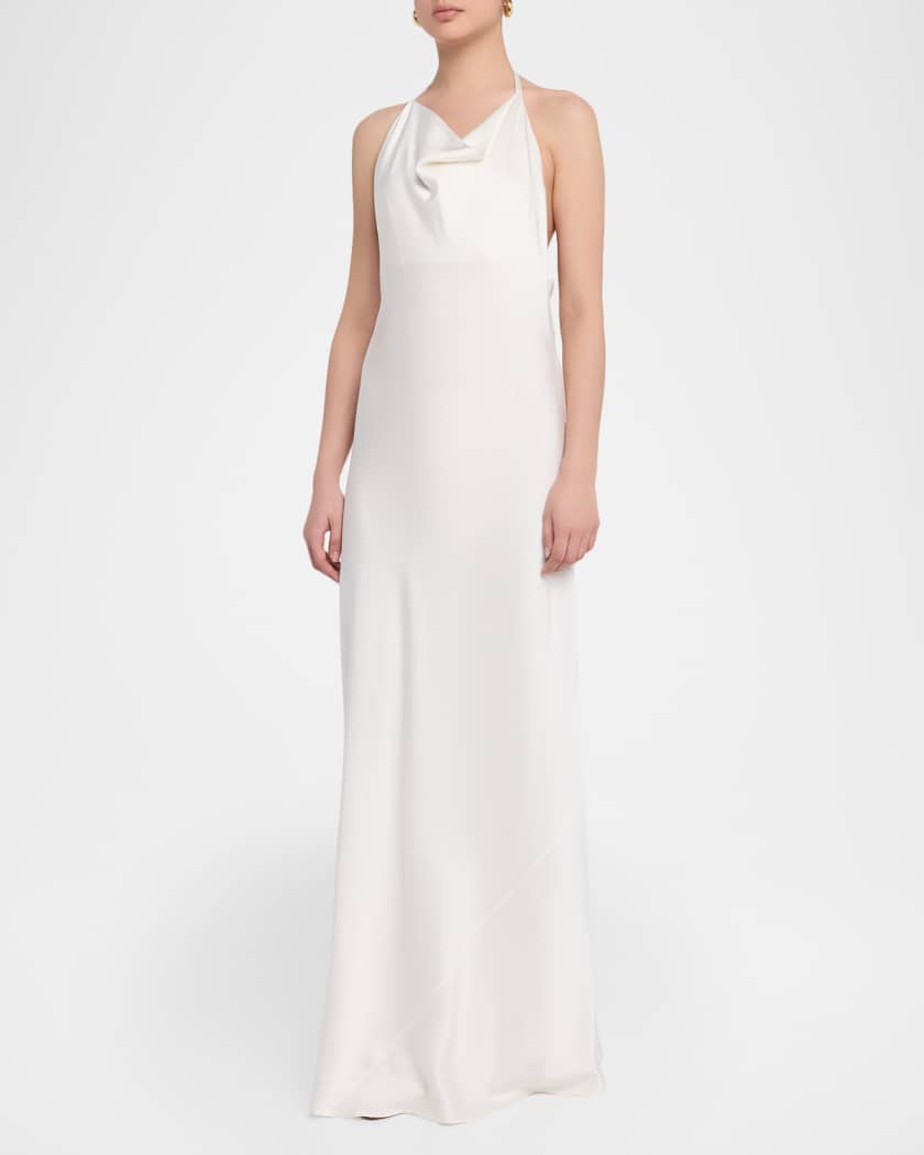 Cowl-Neck Enverse Satin Backless Halter Gown